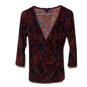 Chaps, Kimono Sleeves, Wrap Front, V-Neckline Top, Multi Colors, Size Small